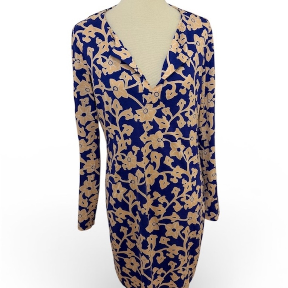 Diane Von Furstenberg Blue and Beige Floral Long Sleeve Silk Dress